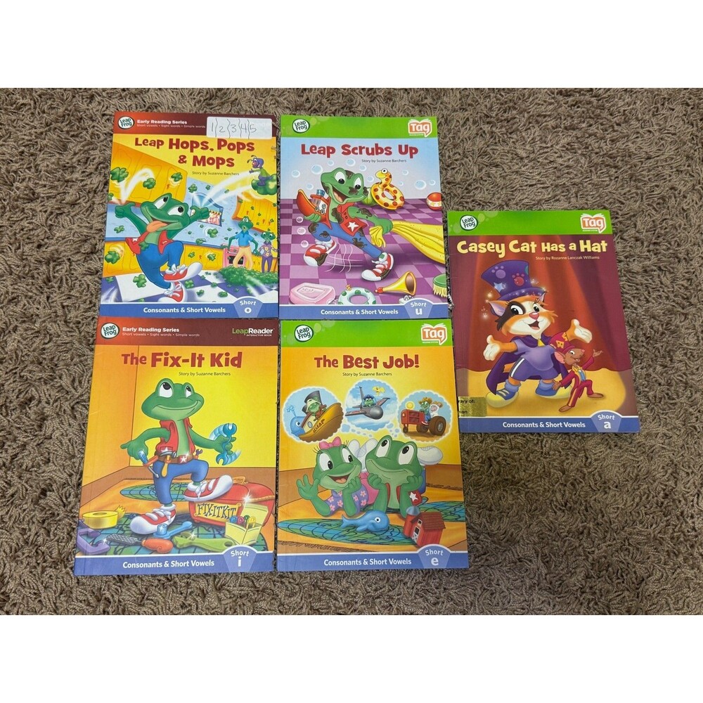 LeapFrog Lot of 5 LeapReader Tag Books-Phonics, short vowels, decodables, SOR